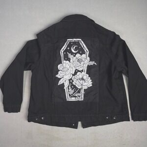 Hot Topic Black Denim Jacket Coffin Floral RIP Goth Punk Women Size 2